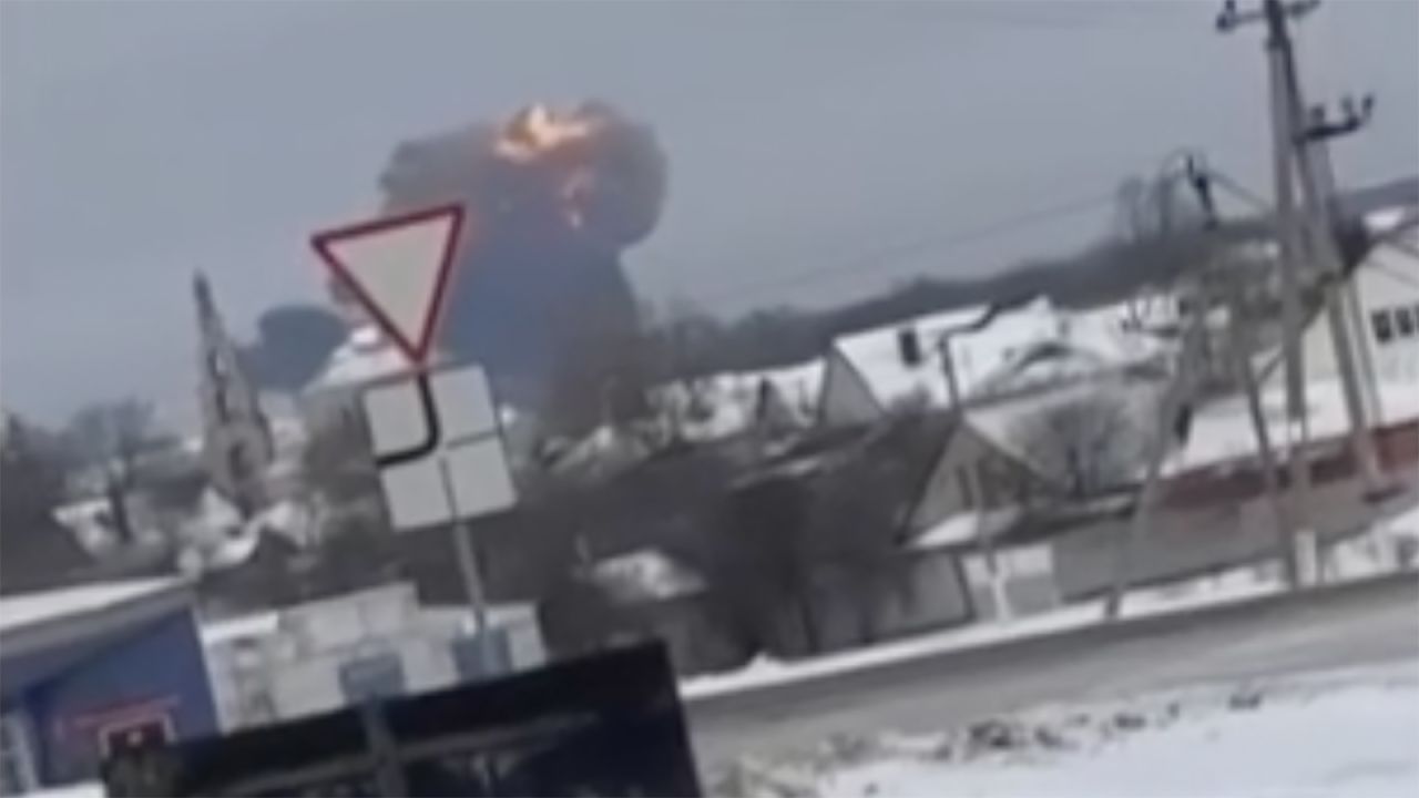 A screen grab taken from a video posted to social media shows smoke and flames following the crash of a Russian plane near Belgorod, Russia, on January 24.