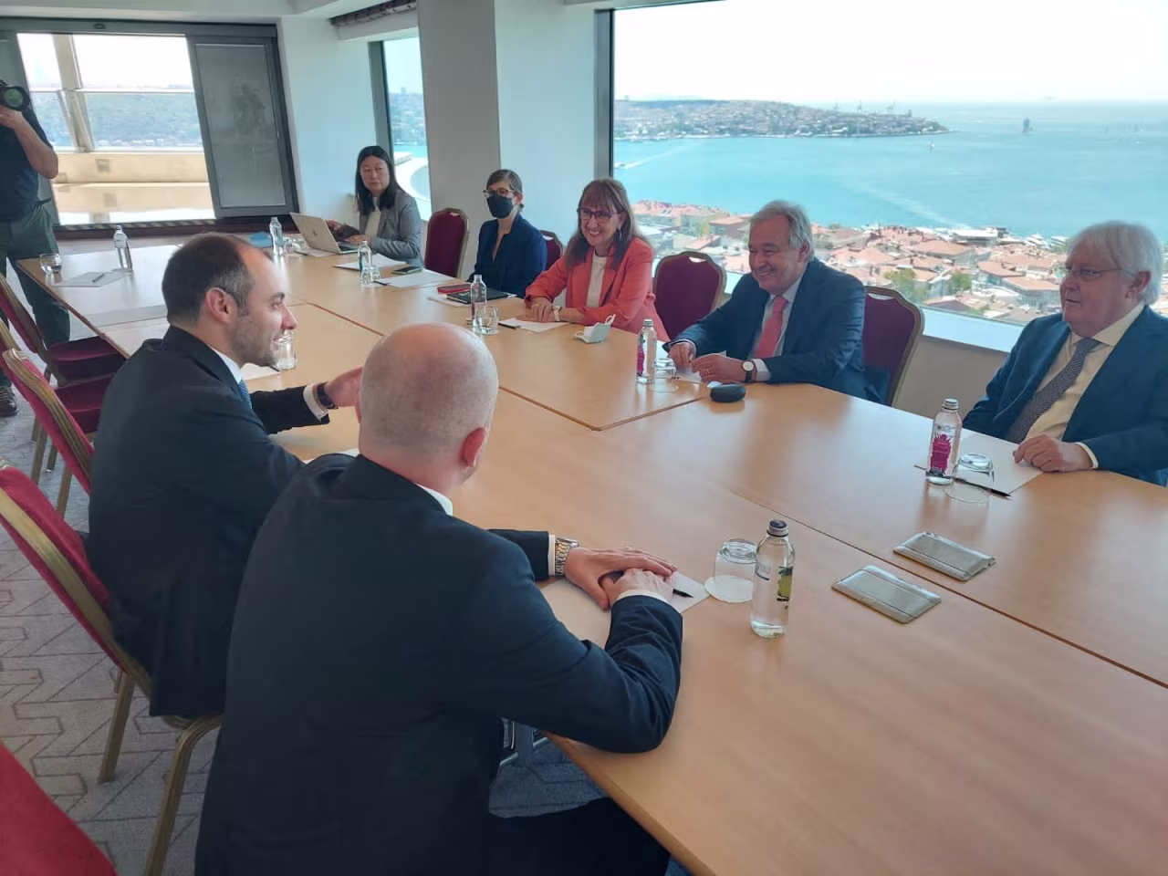 Oleksandr Kubrakov, Minister of Infrastructure of Ukraine and UN Secretary-General Antonio Guterres attend a meeting in a location given as Istanbul, Turkey, in this handout picture released on July 22.