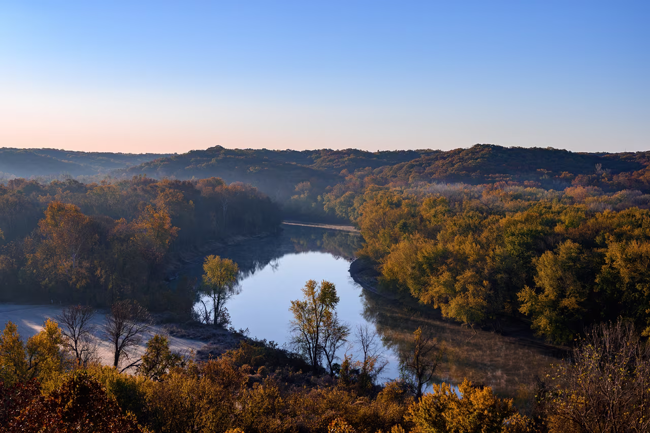 Sunrise on the Meramec River near St. Louis, Missouri at Castlewood State Park.
