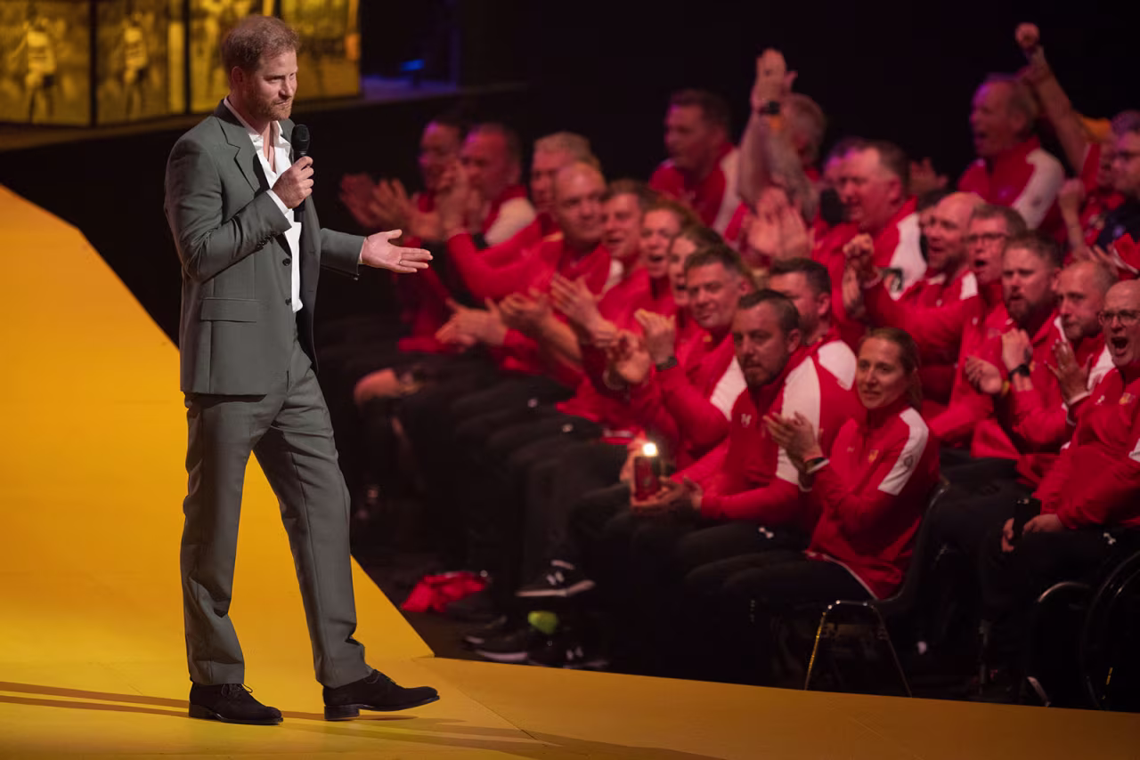 Prince Harry, Duke of Sussex, speaks during the opening ceremony of the Invictus Games at The Hague, Netherlands, on Saturday, April 16.