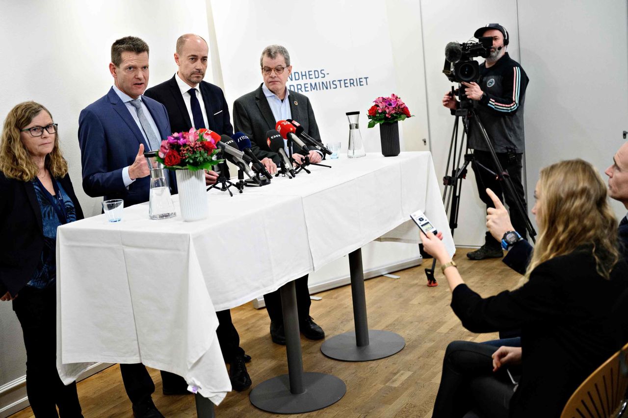 Director General of the Danish Health Authority, S?ren Brostr?m, second from left, addresses a press conference on Thursday in Copenhagen regarding the first case of coronavirus detected in the country.