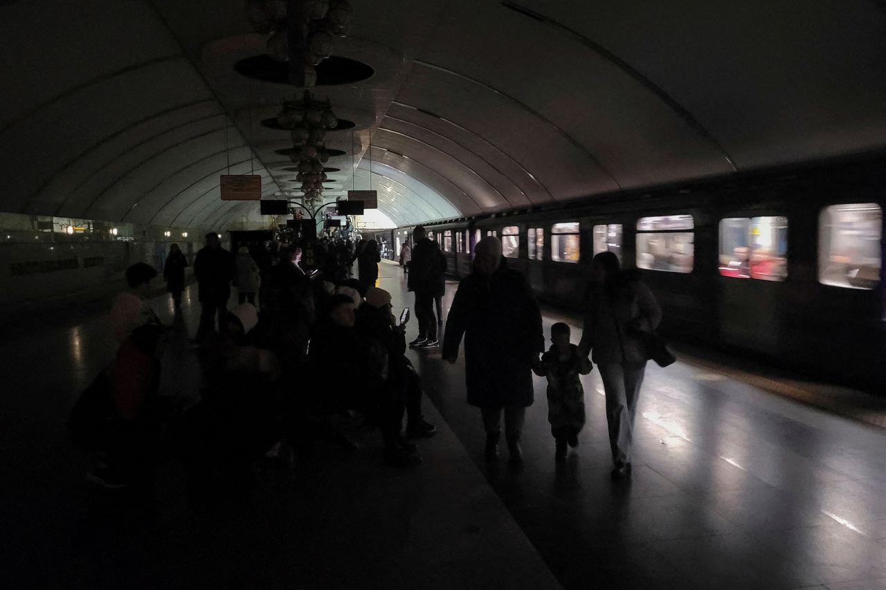 People shelter inside a metro station during a partial power outage amid massive Russian missile attacks in?Kyiv, on December 16.