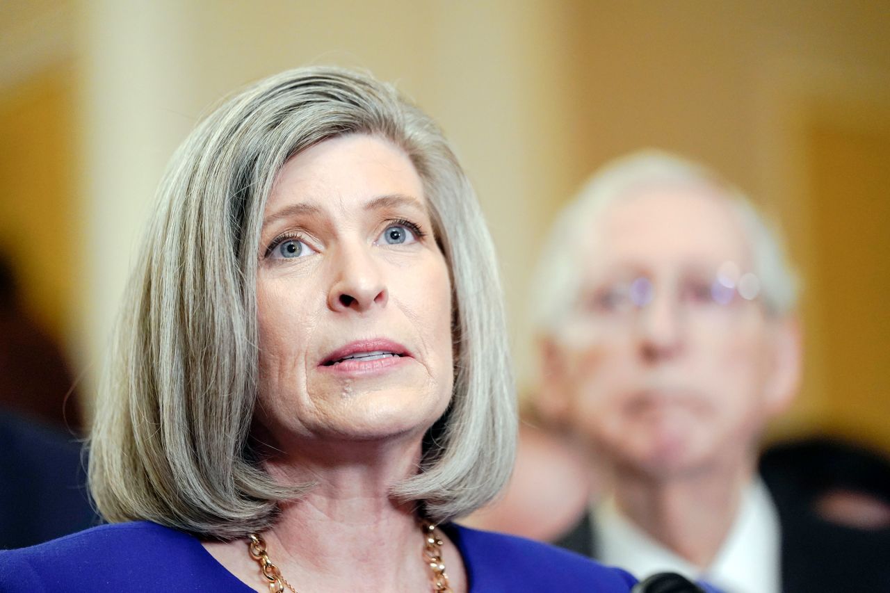 Sen. Joni Erns talks with media after a policy luncheon on Capitol Hill on Tuesday, January 9, in Washington, DC.