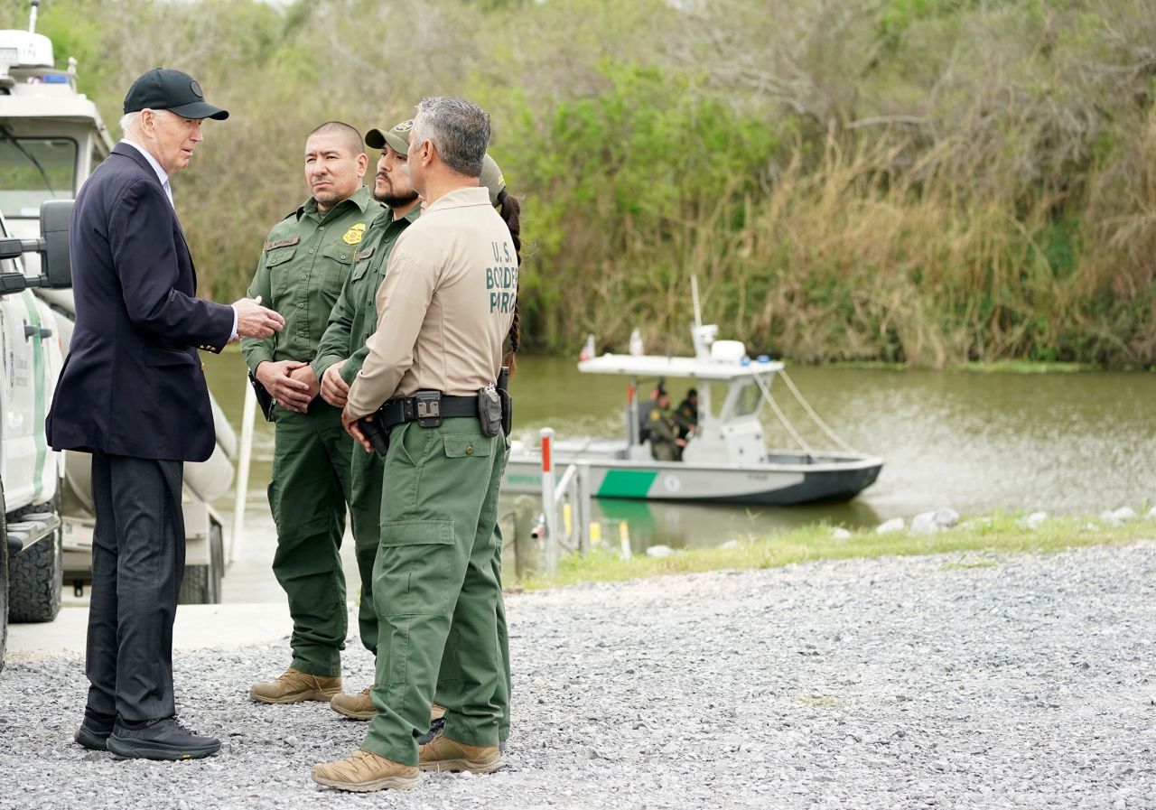 President Joe Biden receives a briefing at the US-Mexico border in Brownsville, Texas, on February 29. 