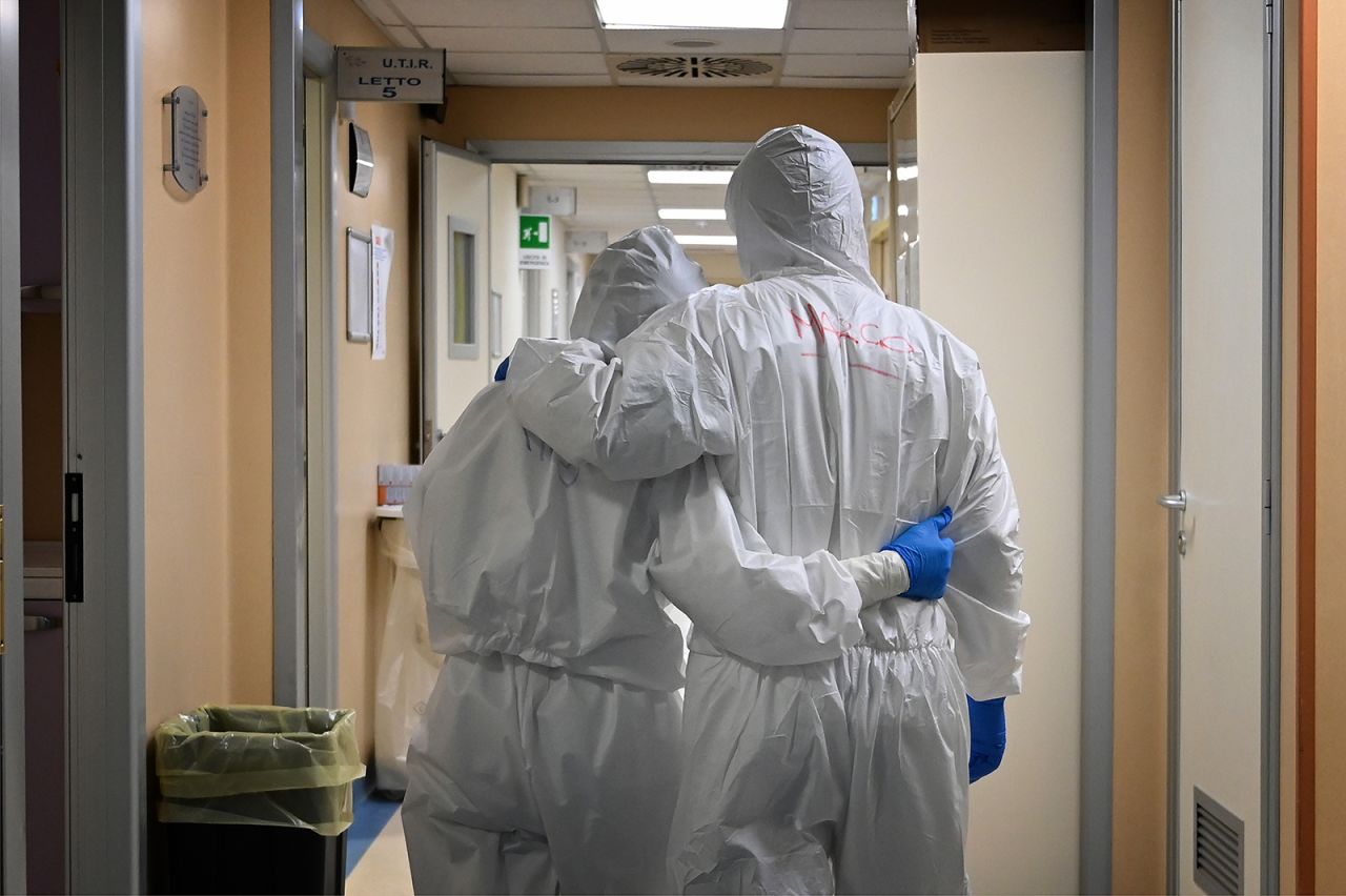 A doctor and nurse embrace at the end of their shift in the intensive care unit treating Covid-19 patients, at the San Filippo Neri hospital in Rome, on April 20.