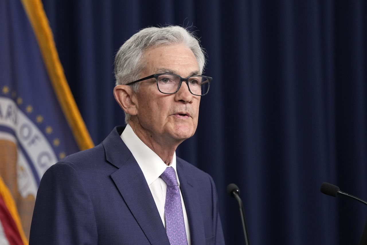 Federal Reserve Board Chair Jerome Powell speaks during a news conference at the Federal Reserve in Washington, today.