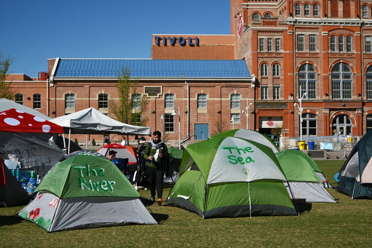 Pro-Palestinian protestors set up about 30 tents for a "sit-in" protest of the war in Gaza at Auraria campus in Denver, Colorado on Friday, April 26. 