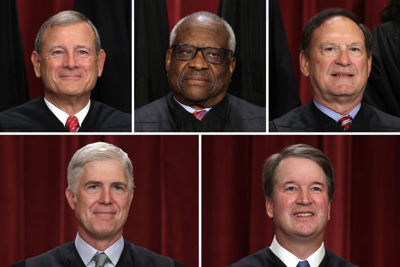 United States Supreme Court Chief Justice John Roberts and Associate Justices Clarence Thomas, Samuel Alito, Neil Gorsuch and Brett Kavanaugh.