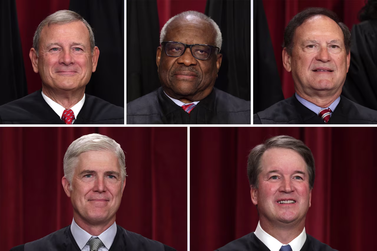 United States Supreme Court Chief Justice John Roberts and Associate Justices Clarence Thomas, Samuel Alito, Neil Gorsuch and Brett Kavanaugh.