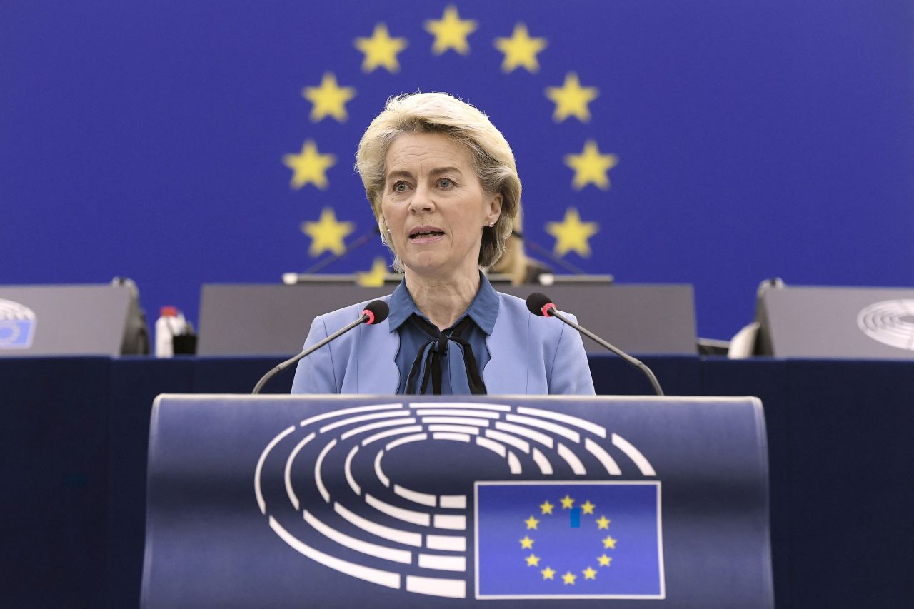 European Commission President Ursula von der Leyen speaks in a debate on European security and the Russian military threat against Ukraine during a plenary session at the European Parliament on February 16 in Strasbourg, France.