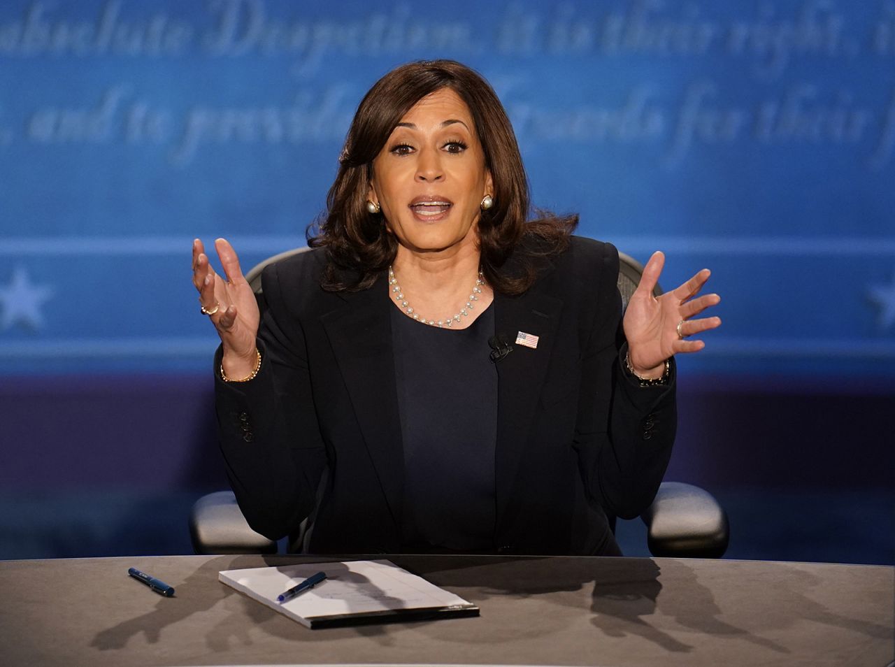 Democratic vice presidential candidate Sen. Kamala Harris responds to a question during the vice presidential debate on Wednesday in Salt Lake City. 