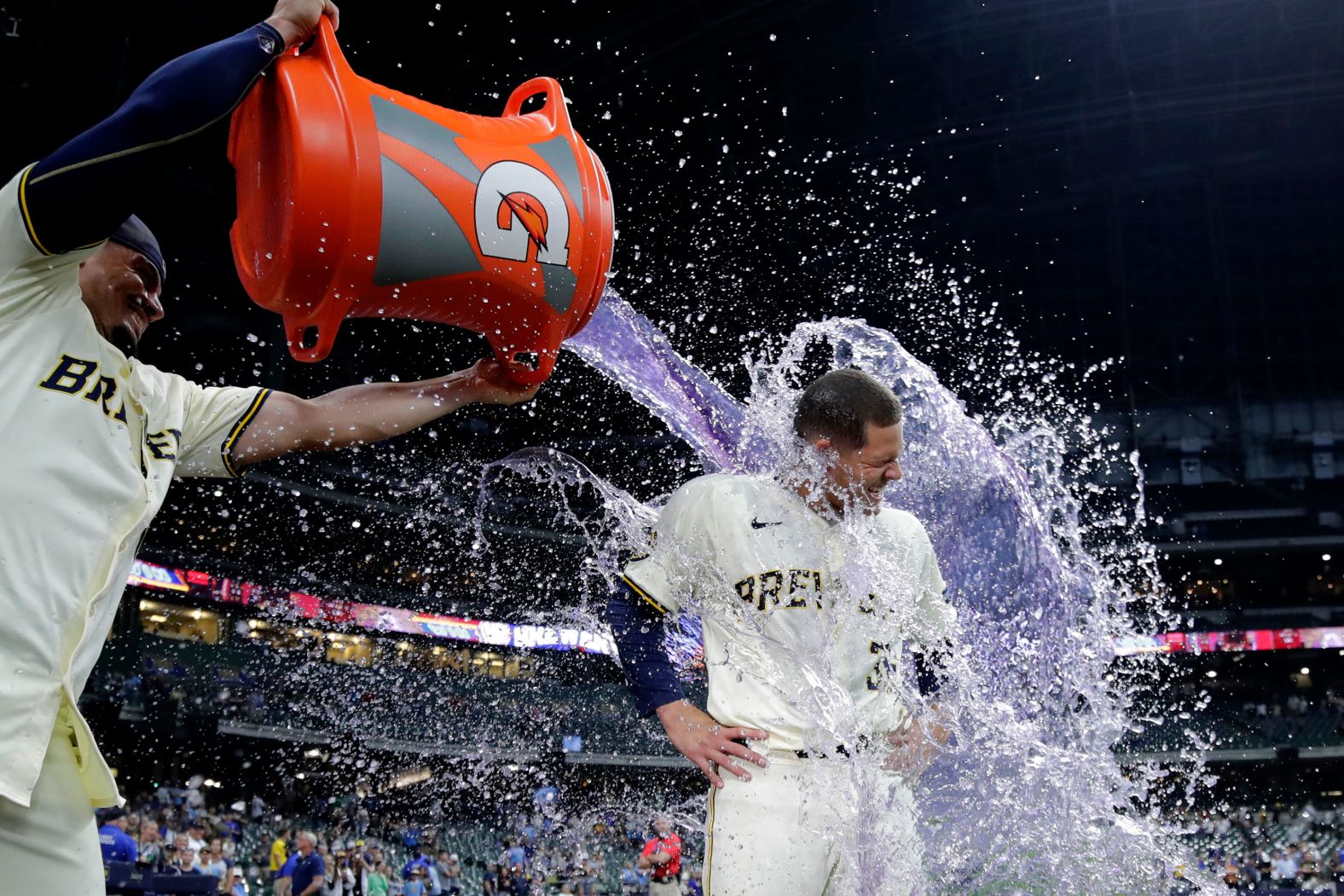 Milwaukee Brewers pitcher Tobias Myers is doused by teammate Willy Adames after a win against the Pittsburgh Pirates on Wednesday, July 10. Myers struck out six batters over eight scoreless innings.