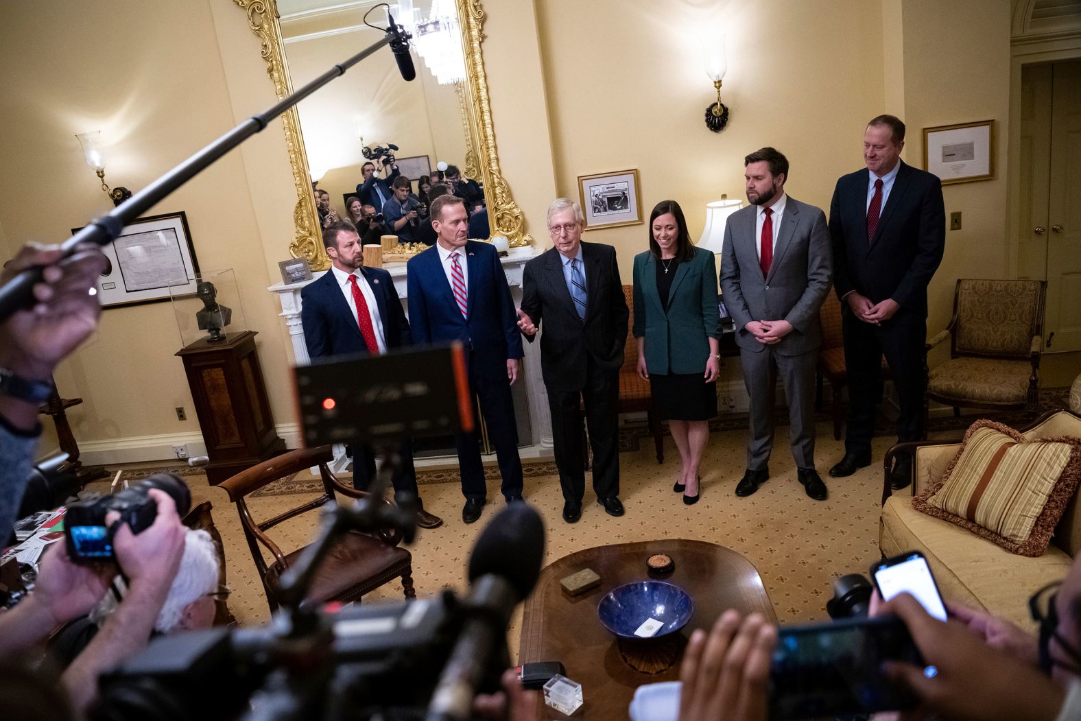 Vance, second from right, poses with other Republican senators-elect as they meet with Senate Minority Leader Mitch McConnell in November 2022. From left are Markwayne Mullin, Ted Budd, McConnell, Katie Britt, Vance and Eric Schmitt.