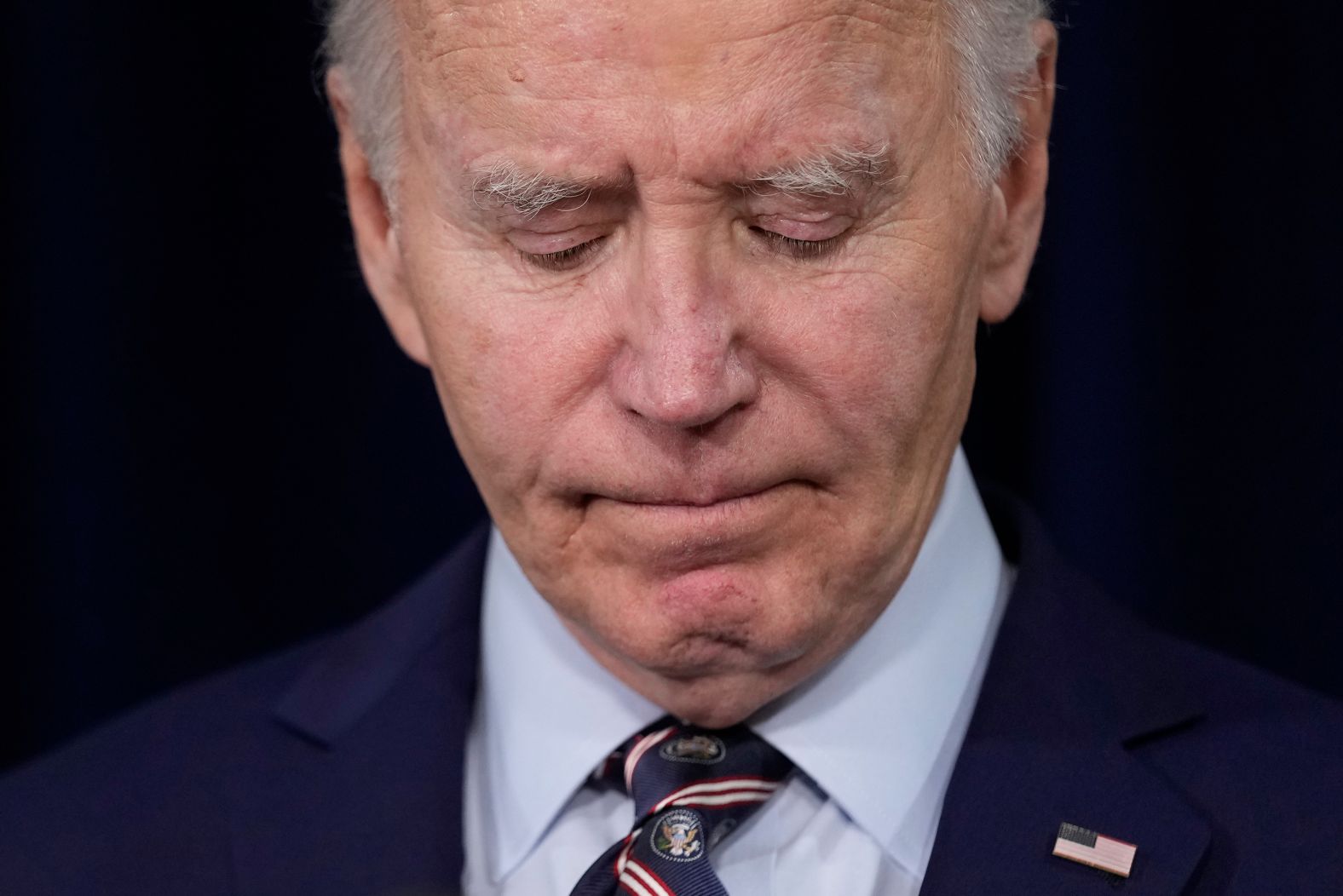 US President Joe Biden pauses as he speaks about the death of former President Jimmy Carter on Sunday, December 29. Biden has called Carter a <a href="index.php?page=&url=https%3A%2F%2Fwww.cnn.com%2Fpolitics%2Flive-news%2Fjimmy-carter-death-news-12-29-24%23cm5a6sdv800003b6m4q82flb6">“dear friend”</a> and an “extraordinary leader, statesman and humanitarian.”