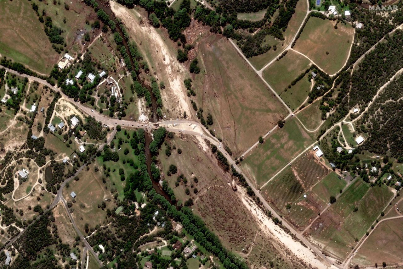 A satellite image of debris near the Guadalupe River along State Highway 39 on July 8, 2025, after the floods.