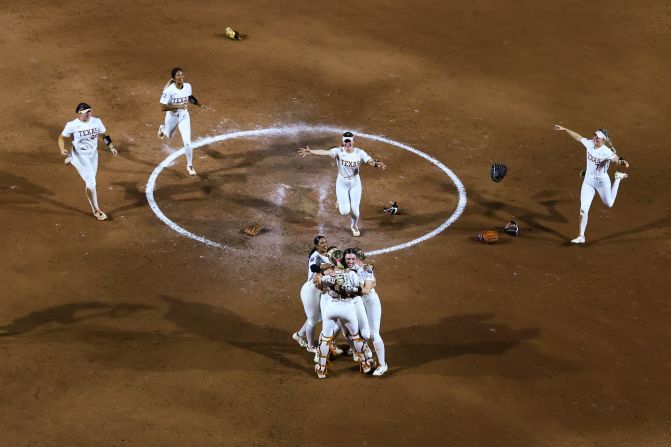 The University of Texas’ softball team celebrates after <a  target="_top" href="/newspapers?url=https://www.cnn.com/2025/06/06/sport/texas-texas-tech-womens-college-world-series-title-spt">winning the Women’s College World Series</a> on Friday, June 6. The Longhorns defeated Texas Tech to clinch the program’s first-ever national championship in softball.