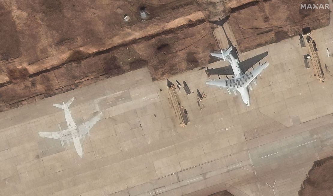 An aircraft and a decoy aircraft painted on tarmac are seen in this satellite image of the Diaghilev airbase in Ryazan Oblast in Russia on March 9, 2025.