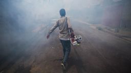 A worker fumigates against the Aedes aegypti mosquito to prevent the spread disease.