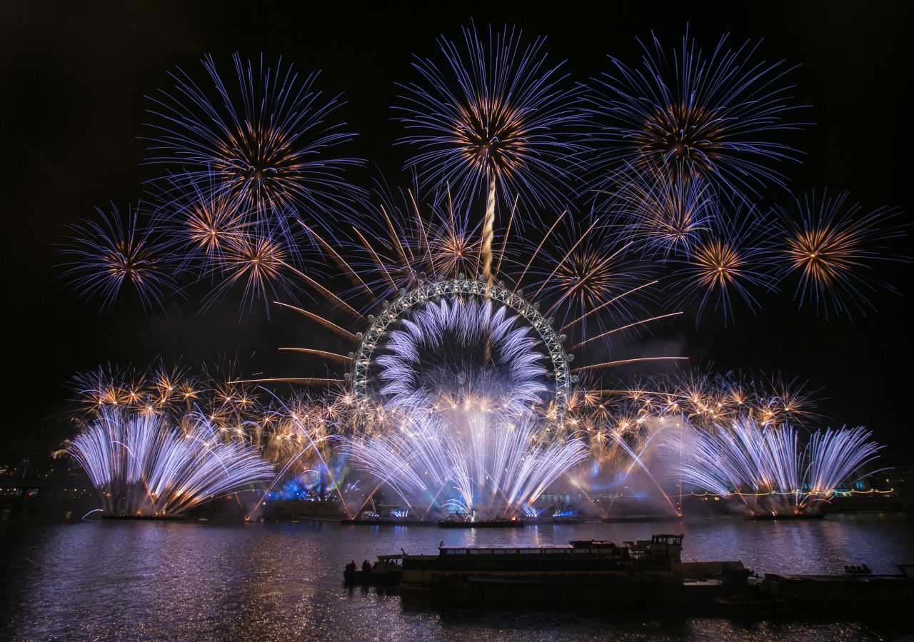 London lights up in blue during a fireworks display to in support of UNICEF's #HappyBlueYear campaign for Syrian children.