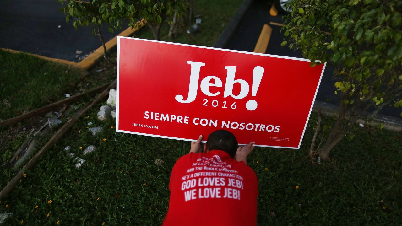 Marlon Motero puts up campaign signs for Republican presidential candidate Jeb Bush before a meet-and-greet event in Hialeah, Florida, on Monday, December 28.