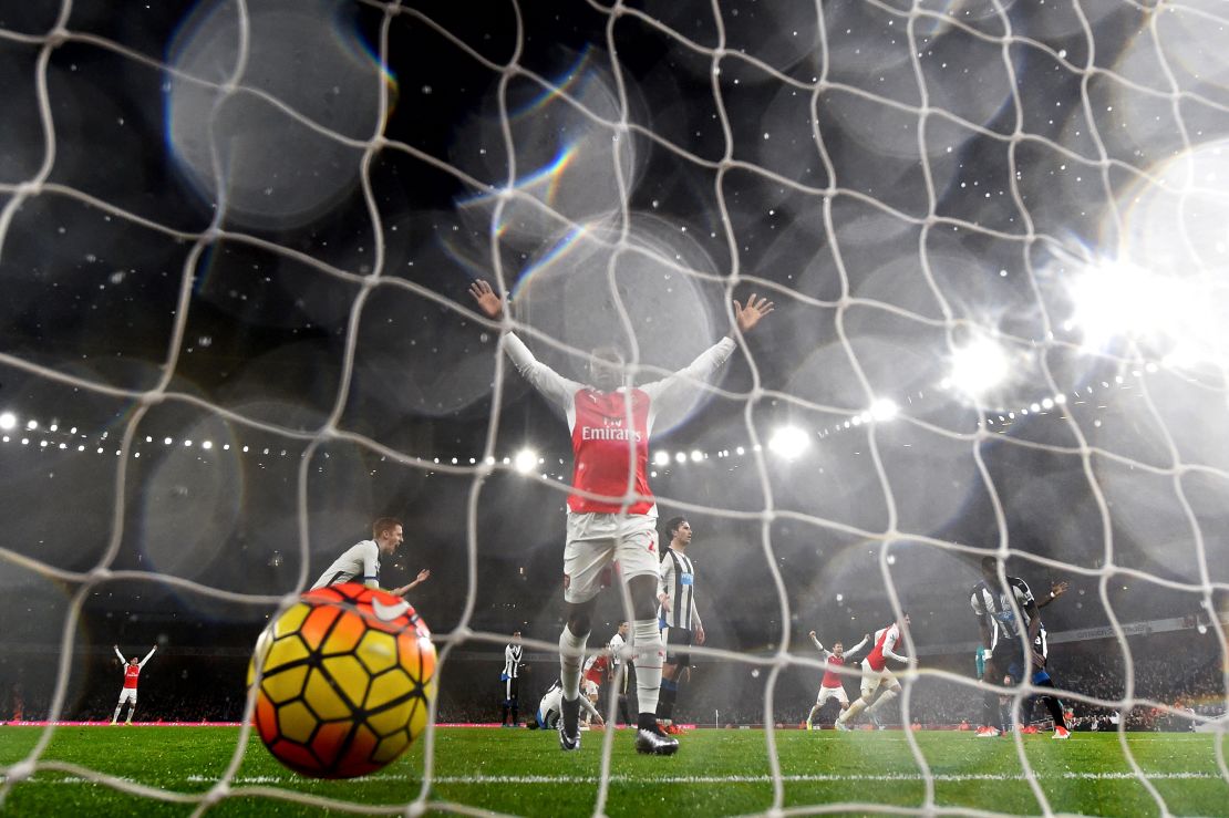 Joel Campbell of Arsenal celebrates celebrates after Laurent Koscielny Koscielny opened the scoring.