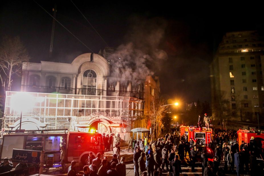 Protesters set fire to the Saudi Embassy in Tehran, Iran, on Saturday, January 2, during a demonstration against the execution of prominent Shiite Muslim cleric Nimr al-Nimr by Saudi authorities. Nimr was a driving force of the protests that broke out in 2011 in Saudi Arabia's east, an oil-rich region where the Shiite minority of an estimated 2 million people complains of marginalization. 