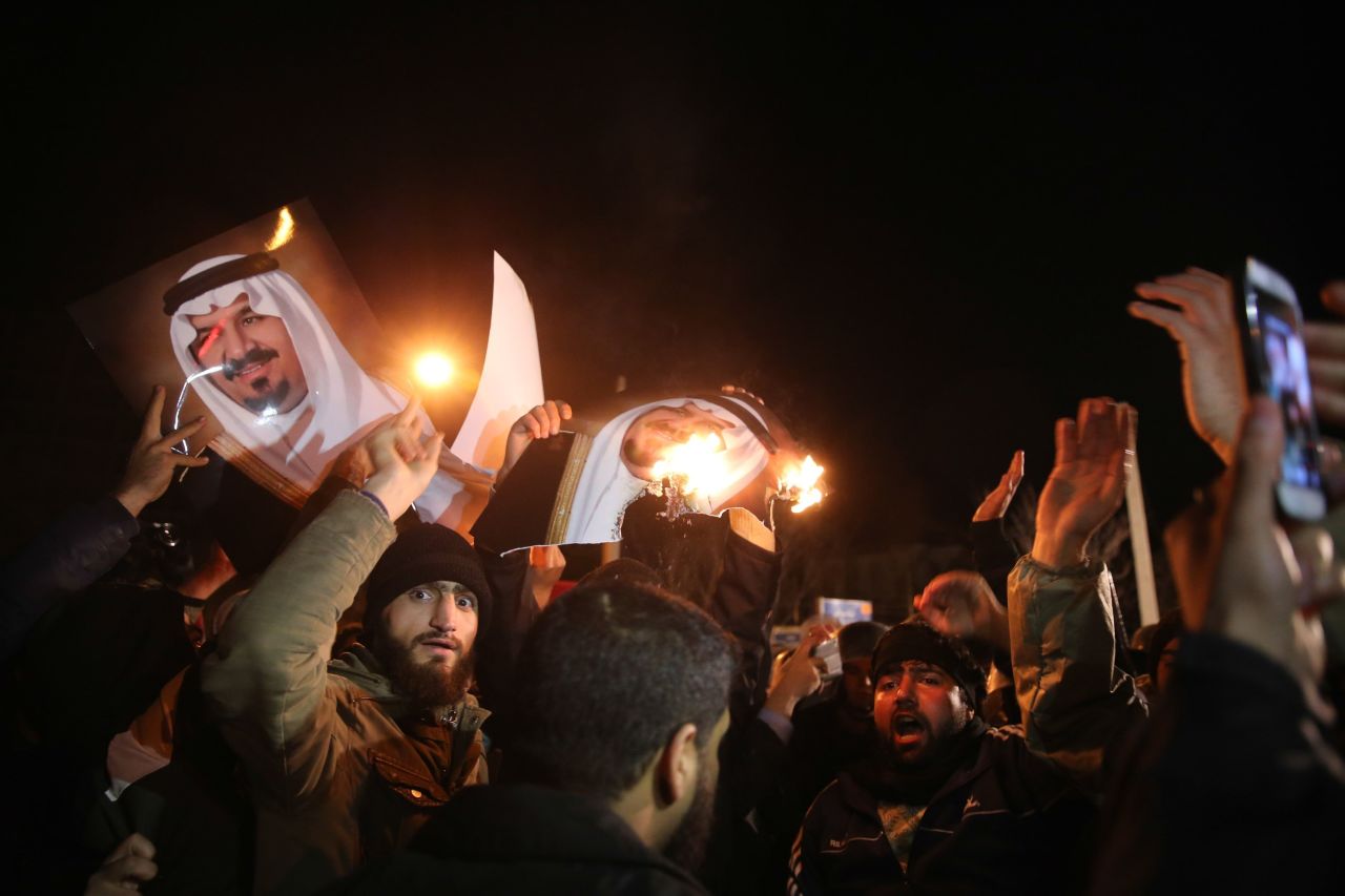 Iranian protesters gather outside the Saudi Embassy in Tehranon January 2. Saudi Arabia said it executed "terrorists" and told Iran to stay out of its internal affairs.