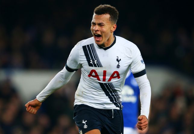 Dele Alli of Tottenham Hotspur celebrates his equalizer in the Premier League clash at Everton.
