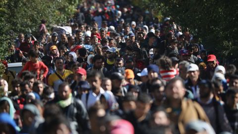 Hundreds of migrants walk on the border between Hungary and Austria in September 2015.