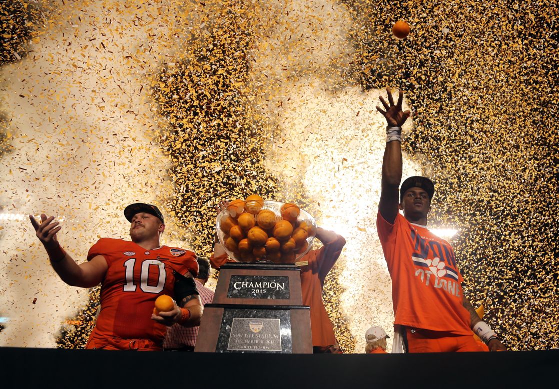 Ben Boulware, left, and Deshaun Watson celebrate after Clemson's football team won the Orange Bowl on Thursday, December 31. The Tigers defeated Oklahoma 37-17 in what was a semifinal of the College Football Playoff. They will play Alabama in the national championship game on Monday, January 11.