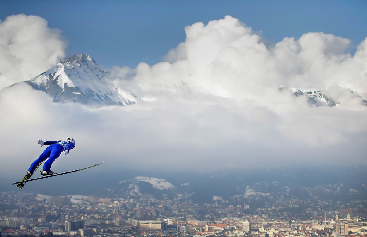 Japanese ski jumper Junshiro Kobayashi soars through the air Sunday, January 3, during the Four Hills Tournament in Innsbruck, Austria.