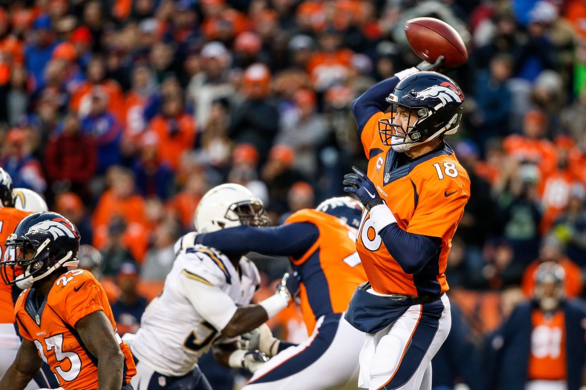 Denver quarterback Peyton Manning prepares to fire off a pass during an NFL game against San Diego on Sunday, January 3. Manning was playing in his first game since November. He had been injured.