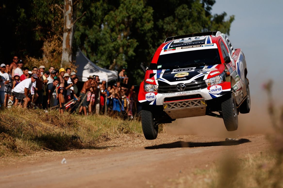 The rally car of Bernhard ten Brinke and Tom Colsoul catches some air Saturday, January 2, during the Dakar Rally prologue in Argentina.