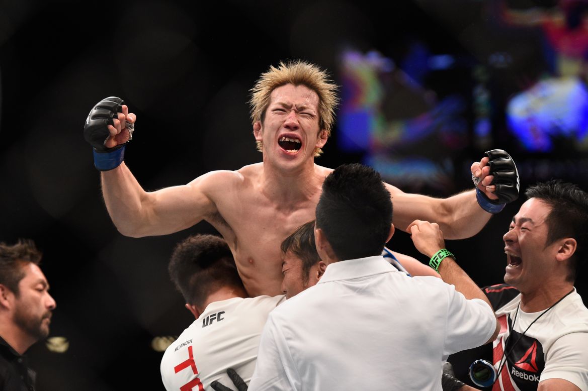 Michinori Tanaka reacts after winning a split decision over Joe Soto at UFC 195 on Saturday, January 2. 