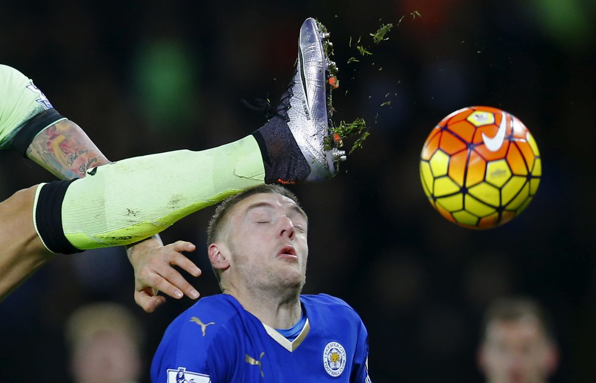 The boot of Manchester City's Nicolas Otamendi is seen near the head of Leicester City striker Jamie Vardy during a Premier League match in Leicester, England, on Tuesday, December 29.