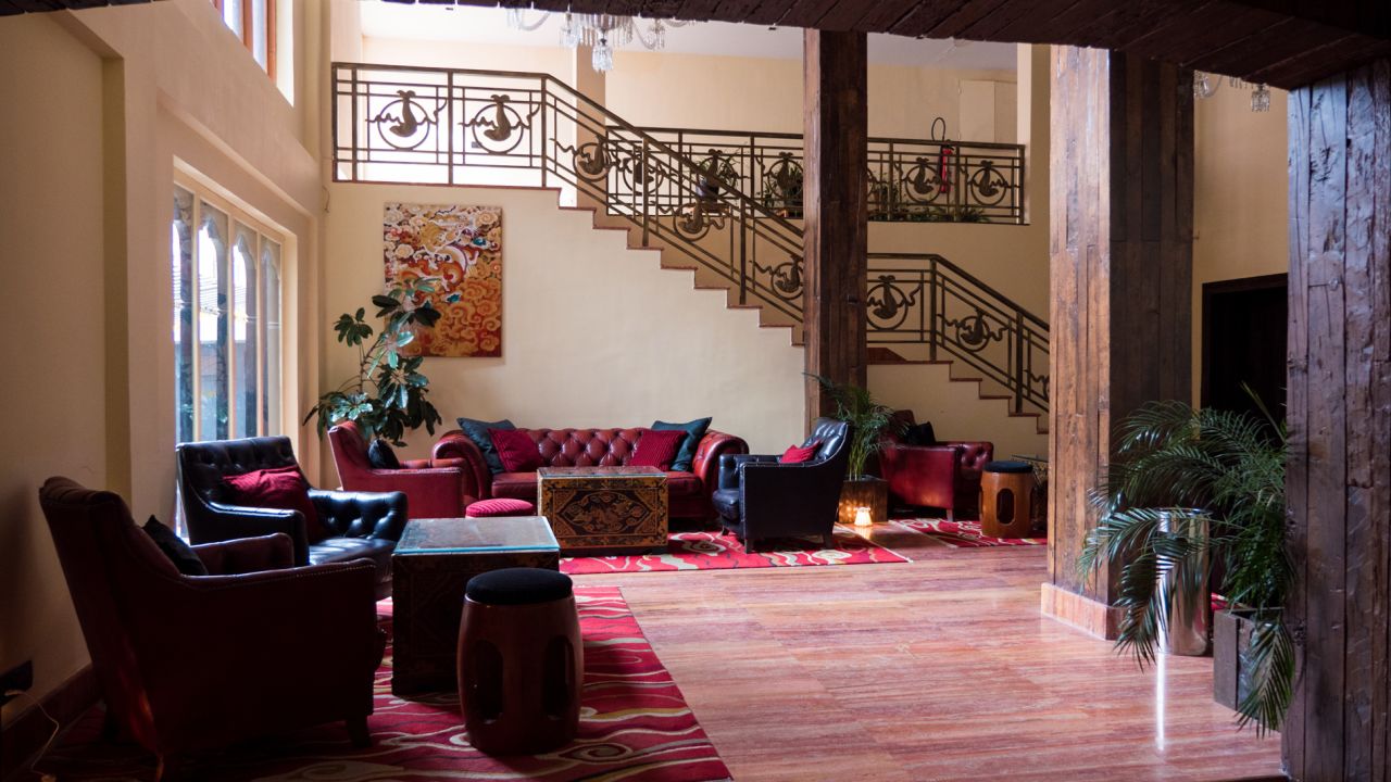 Druk Hotel houses a European bar with vintage Bhutanese wood.