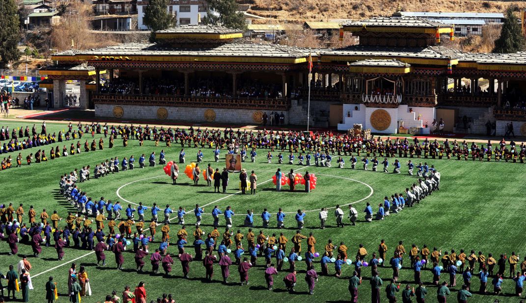 The Changlimithang national stadium in Thimpu has hosted international games such as World Cup qualifiers and celebrations like this 2014 party celebrating the king's 34th birthday.