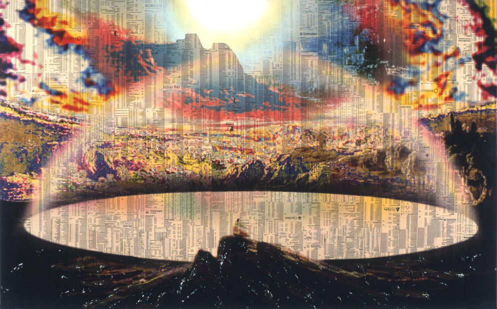 Cheung is a contemporary British-Chinese artist, here taking John Martin as his starting point, but adding computing technology and a critique of contemporary capitalism to his visualization of the New Jerusalem. We see the towers of the modern city evoked by skyscraper montages of pages from the Financial Times as fire burns in the background. While in the foreground, a John-like figure stands on a rocky outcrop above "Rivers of Bliss", also fashioned out of stock market reports from the financial pages. Although the scene at the foreground of the image is peaceful, this is a rather lonely image of Paradise, and the overall message is somewhat ambiguous, unlike the images of John Martin from which Cheung has drawn inspiration. 