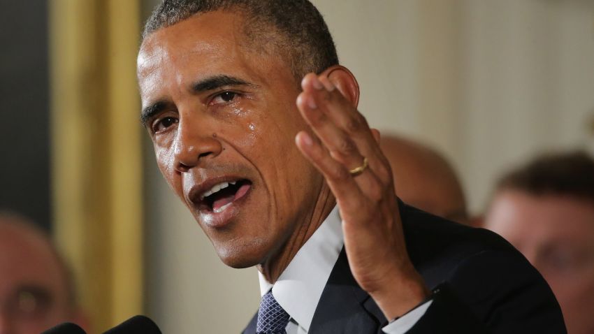 WASHINGTON, DC - JANUARY 05:  With tears running down his cheeks, U.S. President Barack Obama talks about the victims of the 2012 Sandy Hook Elementary School shooting and about his efforts to increase federal gun control in the East Room of the White House January 5, 2016 in Washington, DC. Without approval from Congress, Obama is sidestepping the legislative process with executive orders to expand background checks for some firearm purchases and step up federal enforcement of existing gun laws.  (Photo by Chip Somodevilla/Getty Images)