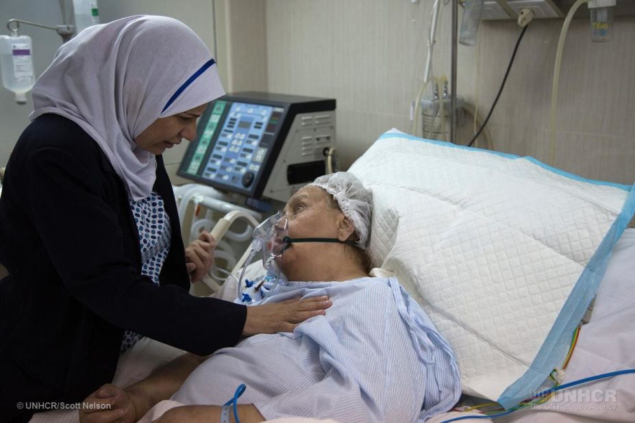 Some of today's refugees are leaving behind wealthy lifestyles which brings a new range of diseases stemming from these lifestyles such as diabetes, heart disease and hypertension. Pictured, a Syrian refugee is comforted by a nurse as she is treated for vascular disease,kidney problems and diabetes complications in Egypt. 