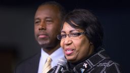 Candy Carson and her husband, Republican presidential candidate Ben Carson, speak to guests at a barbeque hosted by Jeff Kauffman, chairman of the Republican party of Iowa, on November 22, 2015 in Wilton, Iowa.