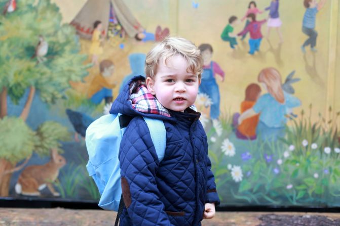 The prince poses for a picture taken by his mother on his first day of nursery school in January 2016.