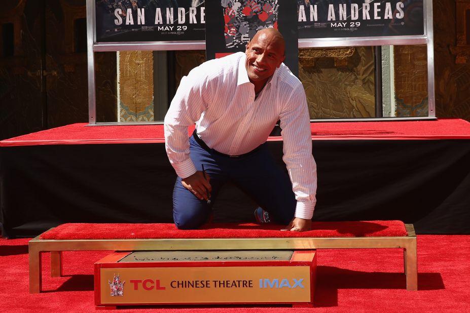 Johnson's hand- and footprints were immortalized in concrete outside the TCL Chinese Theatre in Hollywood in the leadup to his summer 2015 disaster movie, "San Andreas." He thanked idol Steven Spielberg and signed the concrete, "Blessed!"