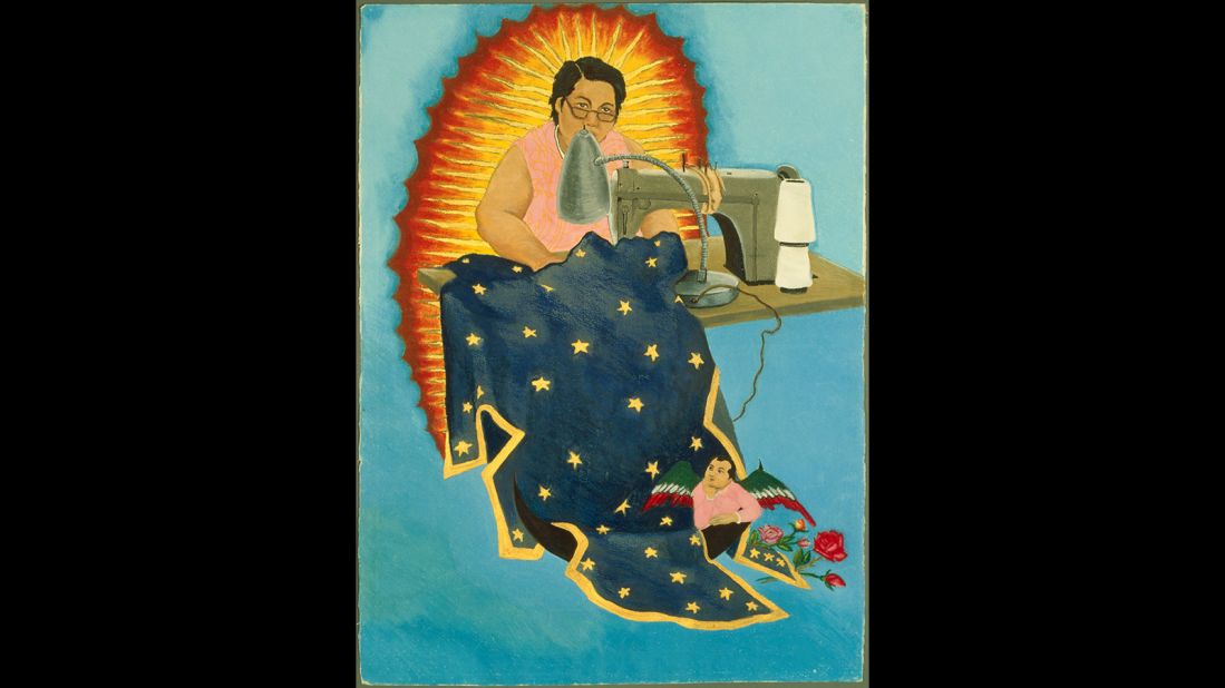 Yolanda Lopez is a Mexican American artist who seeks to challenge the representation of Mexican women in the American media. In her take on the Woman Clothed with the Sun (the image here is part of a series on this theme) the Virgin is represented as Lopez' own mother, depicted at her sewing machine, far from glamorous. But she is a strong, working woman, making her own destiny as she sews the Woman Clothed with the Sun's traditional blue and gold starred cloak. Like the Woman Clothed with the Sun who has been traditionally interpreted in terms of the Virgin Mary or the Church itself, the woman in this image can be seen to represent the bedrock of the Latino community.