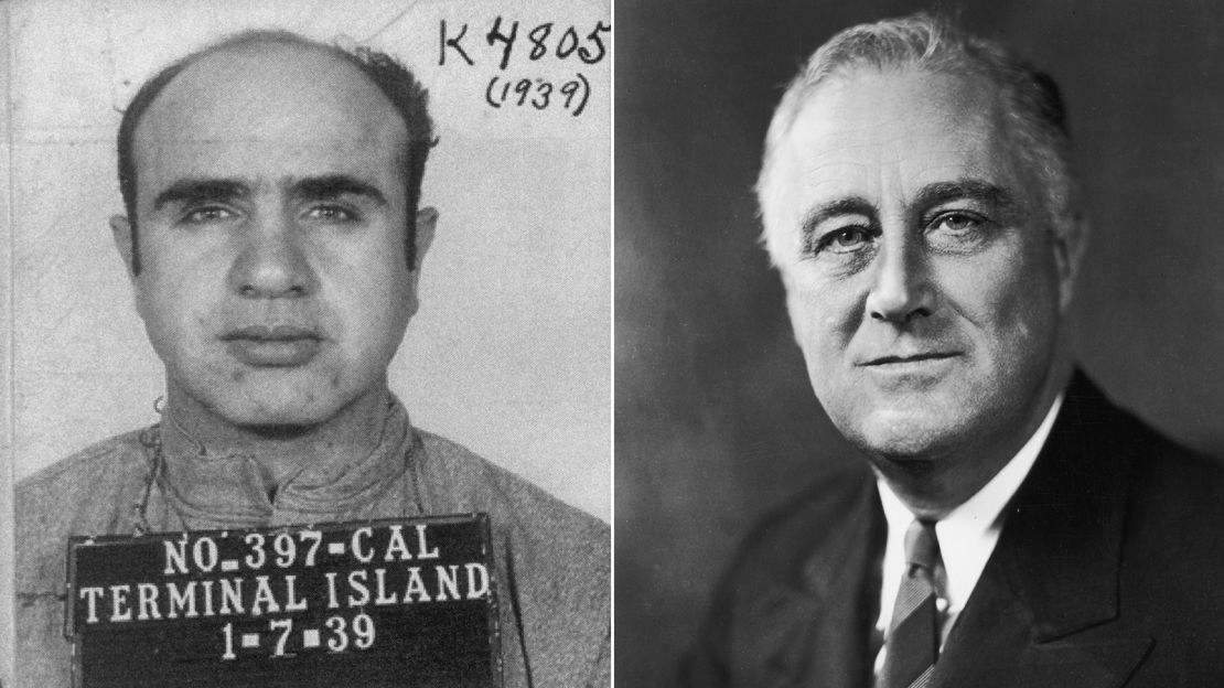 A mug shot for Al Capone, left, and President Franklin D. Roosevelt, right