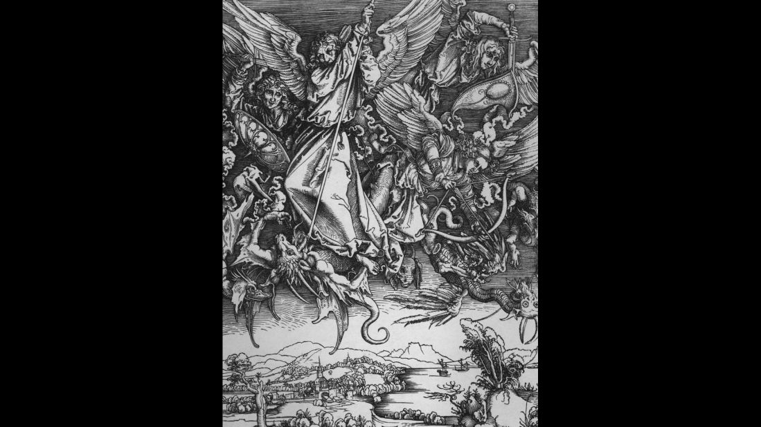 Albrecht Dürer's iconic visualisation of the Apocalypse, in which he condensed the narrative of the Book of Revelation into a mere 15 woodcut images (as opposed to the 80 or so images of the illuminated manuscript versions of the text) represents the first serious attempt to exploit the economic potential of the Apocalypse by giving it a "Renaissance-spin." His 'Apocalypse books' were a sellout and went through many more editions during the early 16th Century. While Dürer's Four Horsemen is perhaps the best-known image from this series today, this beautiful image of St Michael and his Angels fighting the Dragon (Rev.12) is a wonderful evocation of the heavenly apocalyptic drama described in this Chapter. And down below, the earthly realm, here depicted by Dürer as late 15th-Century Nuremberg remains oblivious to the fight between good and evil that rages above. A poor imitation artistically, this series, in which the Beasts and the Whore of Babylon are identified as the Pope and the Church, Cranach's series represents the most enduring polemical visualisation of the Apocalypse perhaps ever seen).<br />