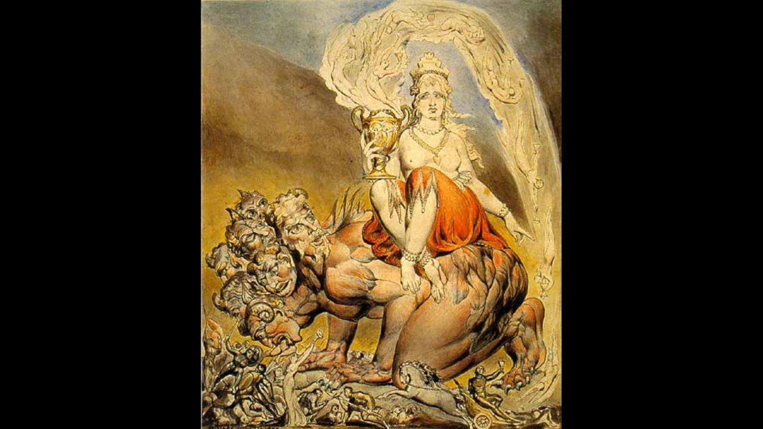 Trustees of the British Museum. Although Blake had produced earlier series of illustrations of the Book of Revelation, this striking stand-alone image of the Whore of Babylon encapsulates much of Blake's unique attitude towards the Book of Revelation and the Bible itself.  The Whore is wordly and sensuous but also strangely passive, possibly another victim of the Beast who is seen devouring any who have tried to resist him, who are seen fighting in a battle below. The souls whom the Whore has 'seduced' are seen flowing from her cup of abominations (Rev. 17.2) which she holds in her right hand. The Beast itself is well-known from Blake's other images of the Book of Revelation, in which he and Satan are recurring figures. 