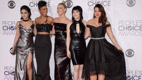 Actress-singers Vanessa Hudgens, from left, Keke Palmer, Julianne Hough, Carly Rae Jepsen and Kether Donohue attend the People's Choice Awards 2016 in Los Angeles on Wednesday, January 6.
