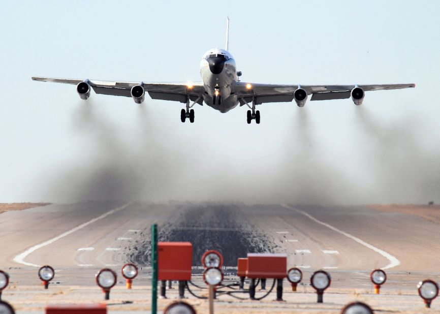 The four-engine WC-135 is used to fly through airspace to detect the residue of nuclear blasts. "The aircraft is equipped with external flow-through devices to collect particulates on filter paper and a compressor system for whole air samples collected in holding spheres," the Air Force says. It has two of these jets in the active force.