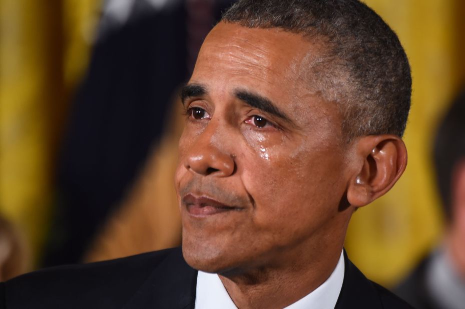 Obama cries in January 2016 as he delivers a statement on his executive action to reduce gun violence.